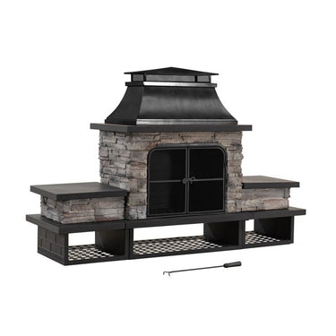 Sunjoy Quillen Outdoor Fireplace, Patio Wood Burning Fireplace with Steel Chimney, Mesh Spark Screen Doors and Fire Poker - Melillo EnterprisesAll categories